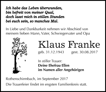 Traueranzeige von Klaus Franke von Mitteldeutsche Zeitung Mansfelder Land