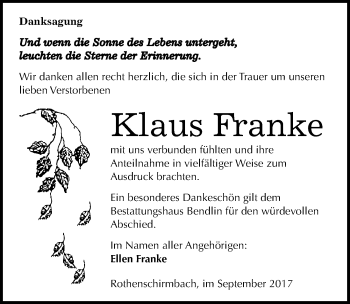 Traueranzeige von Klaus Franke von Mitteldeutsche Zeitung Mansfelder Land