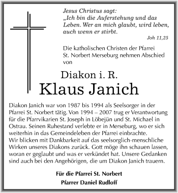 Traueranzeige von Klaus Janich von Mitteldeutsche Zeitung Merseburg/Querfurt