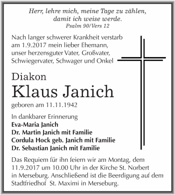 Traueranzeige von Klaus Janich von WVG - Wochenspiegel Merseburg