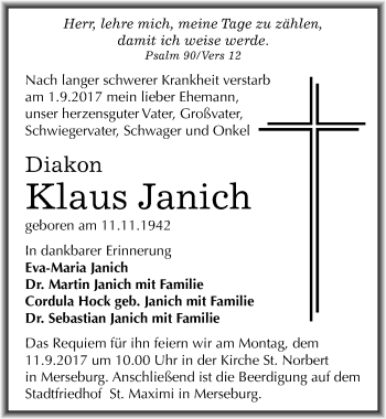 Traueranzeige von Klaus Janich von Mitteldeutsche Zeitung Merseburg/Querfurt