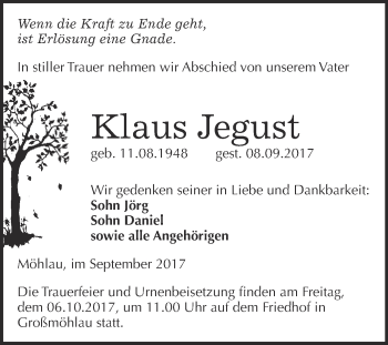 Traueranzeige von Klaus Jegust von WVG - Wochenspiegel Wittenberg
