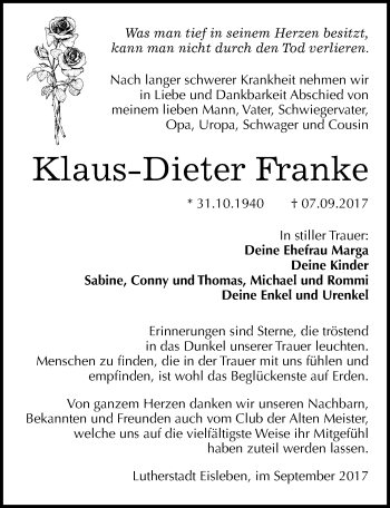 Traueranzeige von Klaus Dieter Franke von Mitteldeutsche Zeitung Mansfelder Land