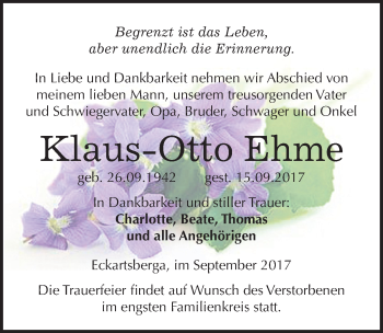 Traueranzeige von Klaus Otto Ehme von Mitteldeutsche Zeitung Naumburg/Nebra