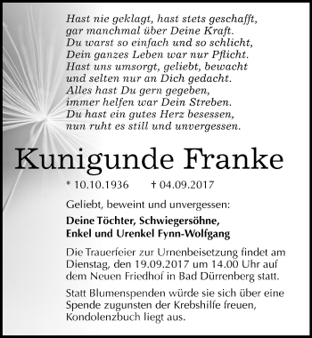 Traueranzeige von Kunigunde Franke von Mitteldeutsche Zeitung Merseburg/Querfurt
