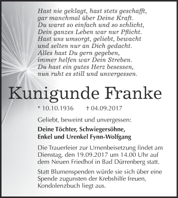 Traueranzeige von Kunigunde Franke von Super Sonntag Merseburg