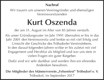 Traueranzeige von Kurt Oszenda von WVG - Wochenspiegel NMB / WSF / ZTZ