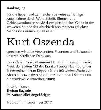 Traueranzeige von Kurt Oszenda von Mitteldeutsche Zeitung Naumburg/Nebra