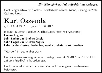 Traueranzeige von Kurt Oszenda von Mitteldeutsche Zeitung Naumburg/Nebra