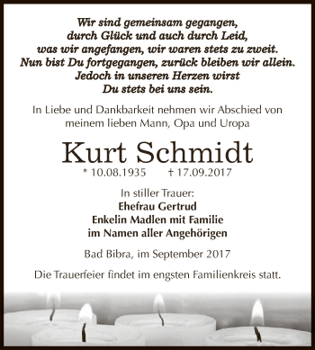 Traueranzeige von Kurt Schmidt von WVG - Wochenspiegel NMB / WSF / ZTZ