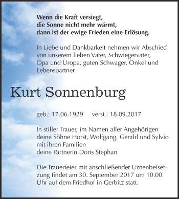 Traueranzeige von Kurt Sonnenburg von Super Sonntag Bernburg