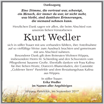 Traueranzeige von Kurt Wedler von WVG - Wochenspiegel Quedlinburg