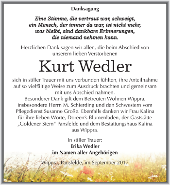 Traueranzeige von Kurt Wedler von Mitteldeutsche Zeitung Quedlinburg