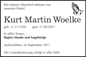 Traueranzeige von Kurt Martin Woelke von Super Sonntag Aschersleben
