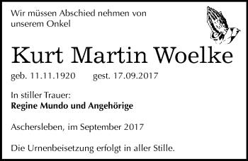 Traueranzeige von Kurt Martin Woelke von Mitteldeutsche Zeitung Aschersleben