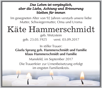Traueranzeige von Käte Hammerschmidt von Mitteldeutsche Zeitung Mansfelder Land