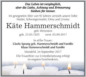 Traueranzeige von Käte Hammerschmidt von Super Sonntag SGH Mansf. Land