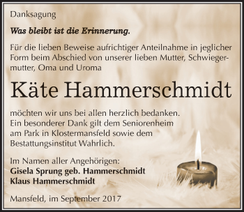 Traueranzeige von Käte Hammerschmidt von Mitteldeutsche Zeitung Mansfelder Land