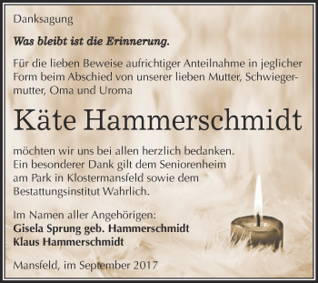 Traueranzeige von Käte Hammerschmidt von Super Sonntag SGH Mansf. Land