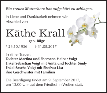 Traueranzeige von Käthe Krall von Mitteldeutsche Zeitung Bitterfeld