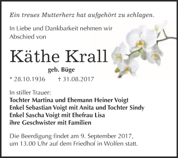 Traueranzeige von Käthe Krall von WVG - Wochenspiegel Bitterfeld