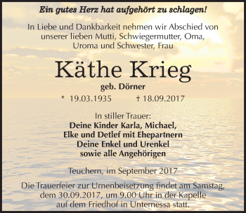 Traueranzeige von Käthe Krieg von Mitteldeutsche Zeitung Weißenfels