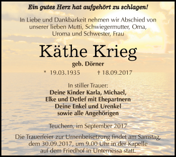 Traueranzeige von Käthe Krieg von WVG - Wochenspiegel NMB / WSF / ZTZ
