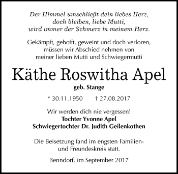 Traueranzeige von Käthe Roswitha Apel von Mitteldeutsche Zeitung Mansfelder Land