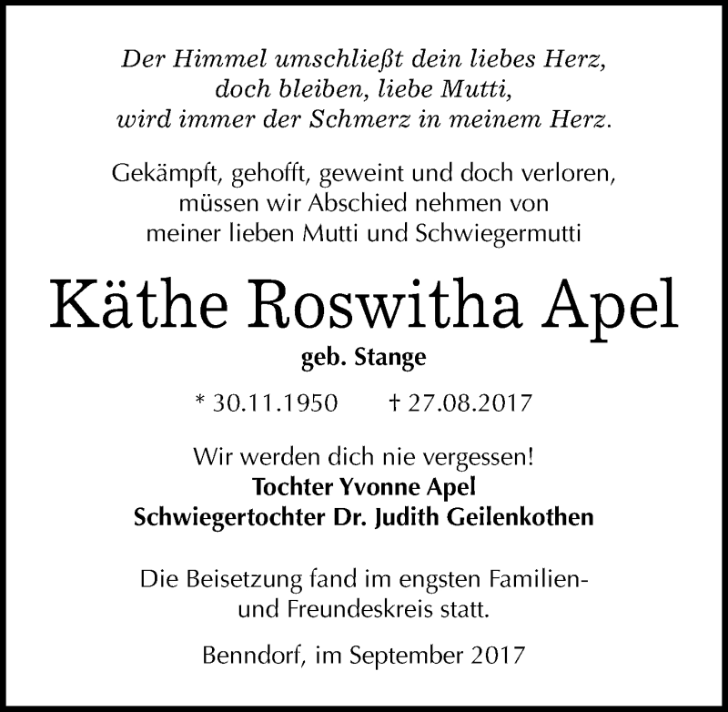  Traueranzeige für Käthe Roswitha Apel vom 19.09.2017 aus Mitteldeutsche Zeitung Mansfelder Land