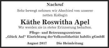 Traueranzeige von Käthe Roswitha Apel von Wochenspiegel Mansfelder Land