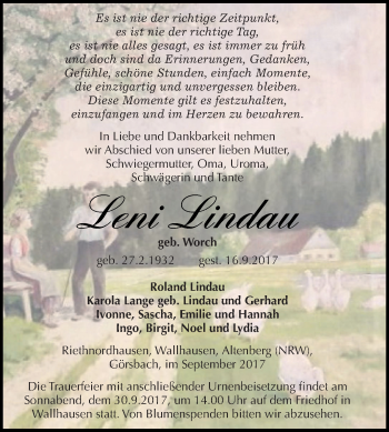 Traueranzeige von Leni Lindau von Super Sonntag SGH Mansf. Land