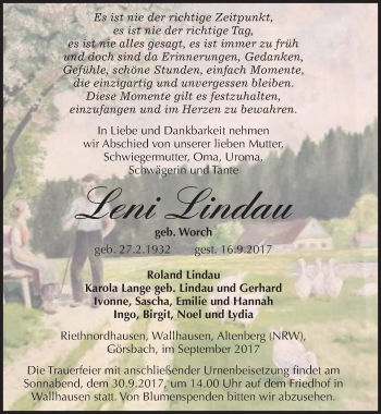 Traueranzeige von Leni Lindau von Mitteldeutsche Zeitung Sangerhausen