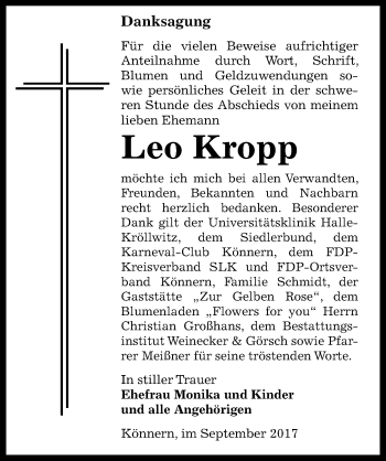 Traueranzeige von Leo Kropp von Mitteldeutsche Zeitung Bernburg