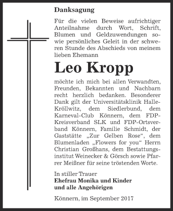 Traueranzeige von Leo Kropp von Super Sonntag Bernburg