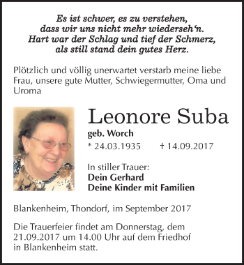 Traueranzeige von Leonore Suba von Mitteldeutsche Zeitung Sangerhausen