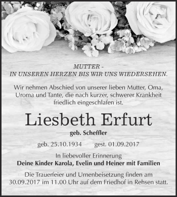 Traueranzeige von Liesbeth Erfurt von Super Sonntag Wittenberg