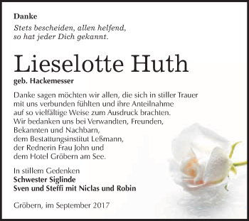 Traueranzeige von Lieselotte Huth von WVG - Wochenspiegel Bitterfeld
