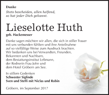 Traueranzeige von Lieselotte Huth von Mitteldeutsche Zeitung Bitterfeld