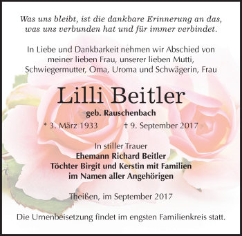 Traueranzeige von Lilli Beitler von Mitteldeutsche Zeitung Zeitz