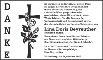 Traueranzeige von Lina Doris Beyreuther von WVG - Wochenspiegel Wittenberg