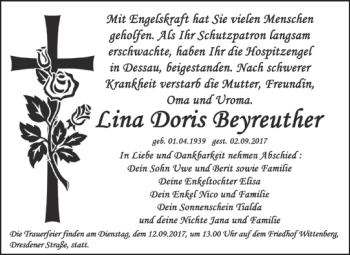Traueranzeige von Lina Doris Beyreuther von WVG - Wochenspiegel Wittenberg