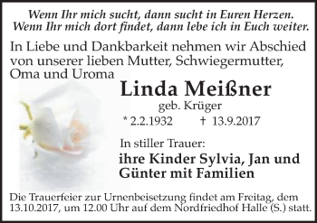Traueranzeige von Linda Meißner von Mitteldeutsche Zeitung Halle/Saalkreis