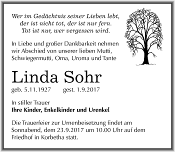 Traueranzeige von Linda Sohr von Mitteldeutsche Zeitung Merseburg/Querfurt