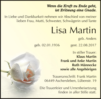 Traueranzeige von Lisa Martin von Mitteldeutsche Zeitung Aschersleben