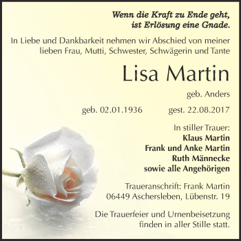 Traueranzeige von Lisa Martin von Super Sonntag Aschersleben