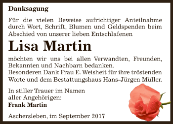Traueranzeige von Lisa Martin von Super Sonntag Aschersleben