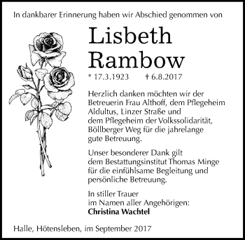 Traueranzeige von Lisbeth Rambow von Mitteldeutsche Zeitung Halle/Saalkreis