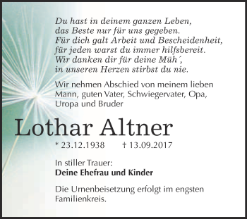 Traueranzeige von Lothar Altner von WVG - Wochenspiegel Bitterfeld