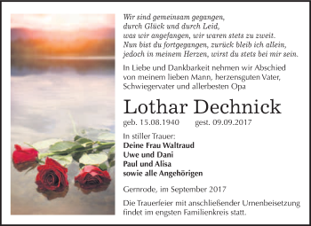 Traueranzeige von Lothar Dechnick von WVG - Wochenspiegel Quedlinburg