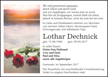 Traueranzeige von Lothar Dechnick von Mitteldeutsche Zeitung Quedlinburg